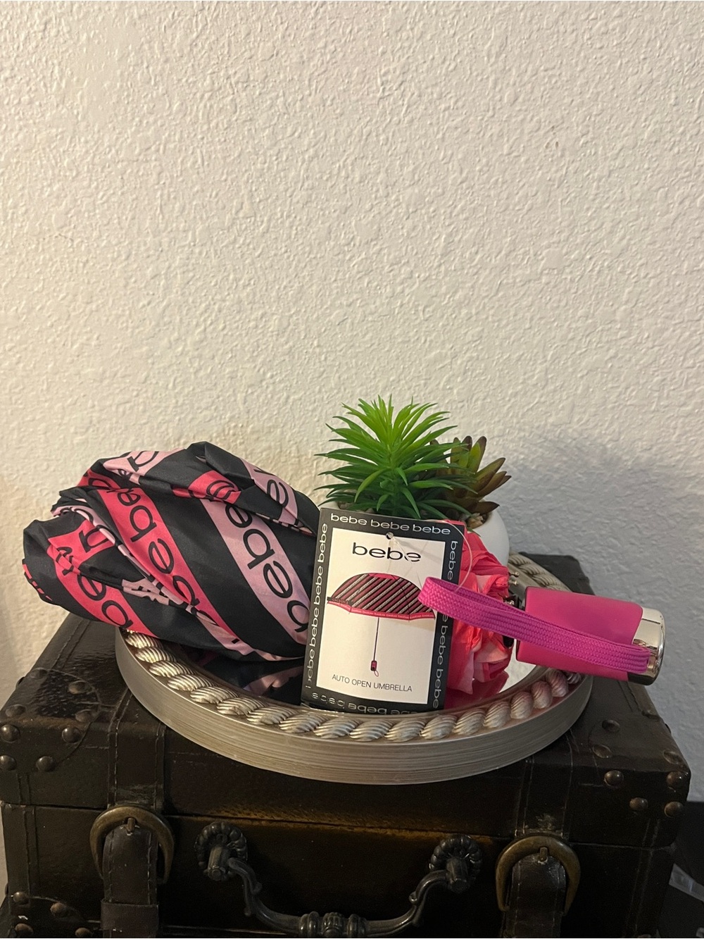 bebe Black and Hot Pink Logo Stripe Compact Umbrella
